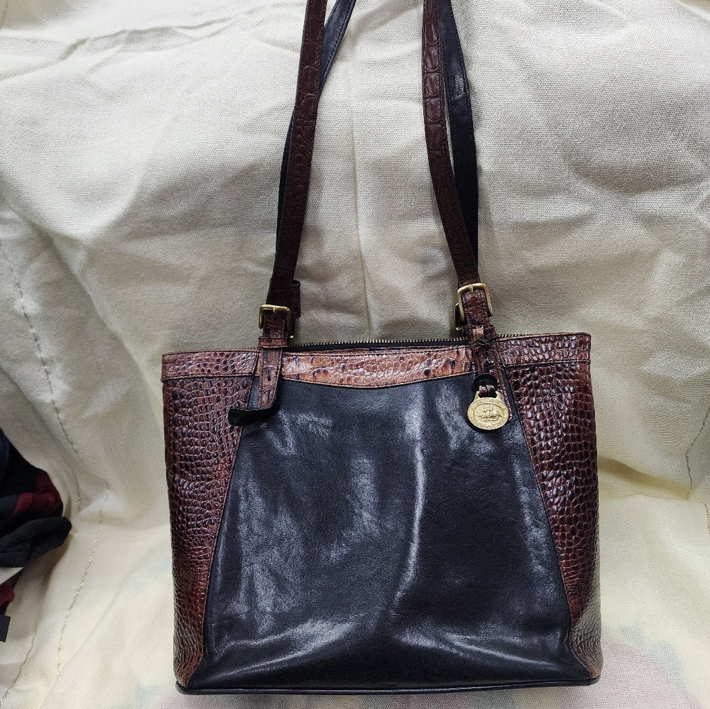 Brahmin Tuscan Collection Medium Asher Tote Pecan Brown Croc Black Leather Zip